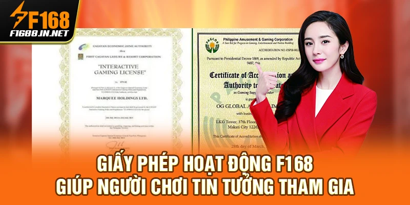 Giấy phép hoạt động F168 giúp người chơi tin tưởng tham gia